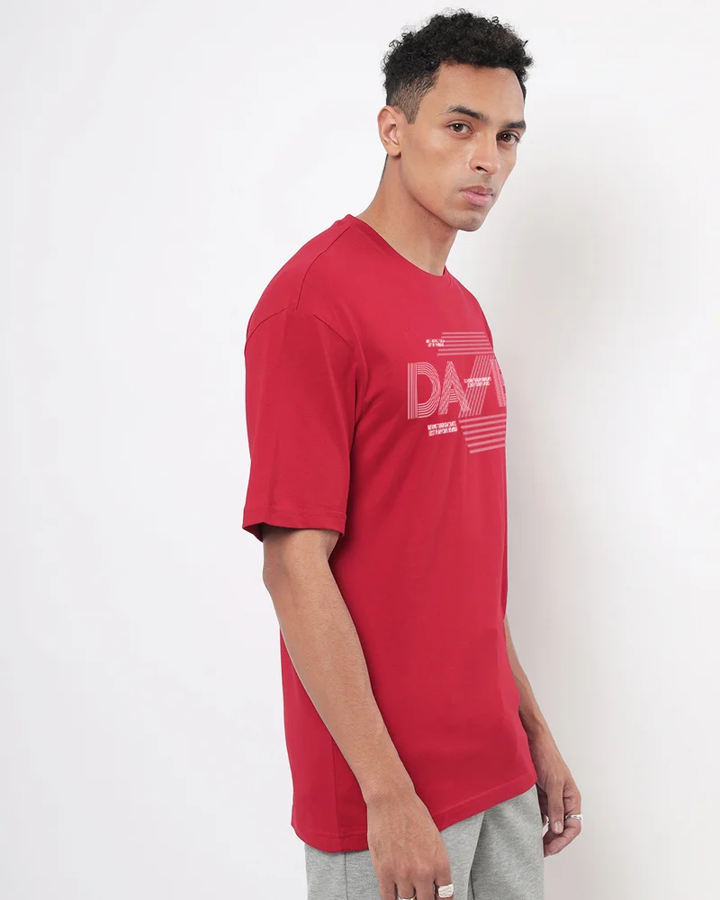 bewakoof Men's Bold Red Dazed Typography Oversized T-shirt